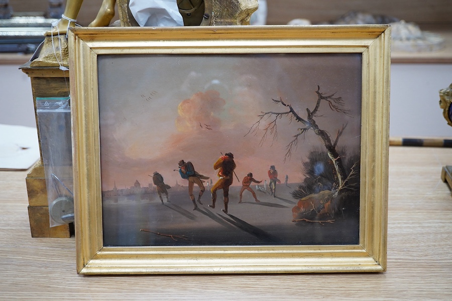 19th century, Dutch School, oil on board, 'Skaters on a frozen lake', unsigned, 22 x 30cm, gilt framed. Condition - good